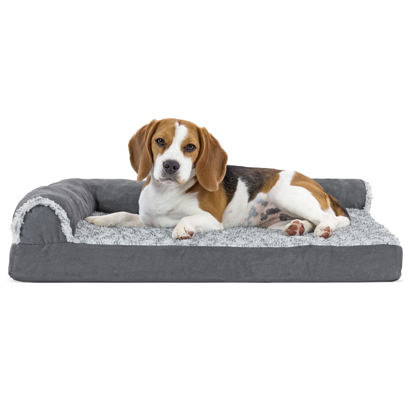 Pet Products Two-Tone Faux Fur & Suede Cooling Gel Top Deluxe Chaise Lounge Pet Bed for Dogs & Cats - Stone Gray, Medium