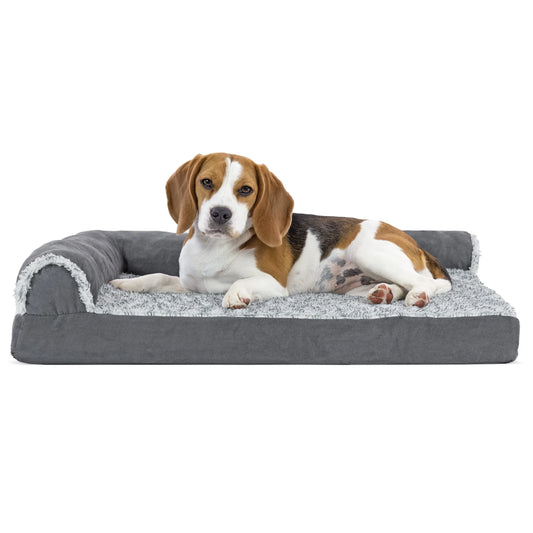 Pet Products Two-Tone Faux Fur & Suede Cooling Gel Top Deluxe Chaise Lounge Pet Bed for Dogs & Cats - Stone Gray, Medium