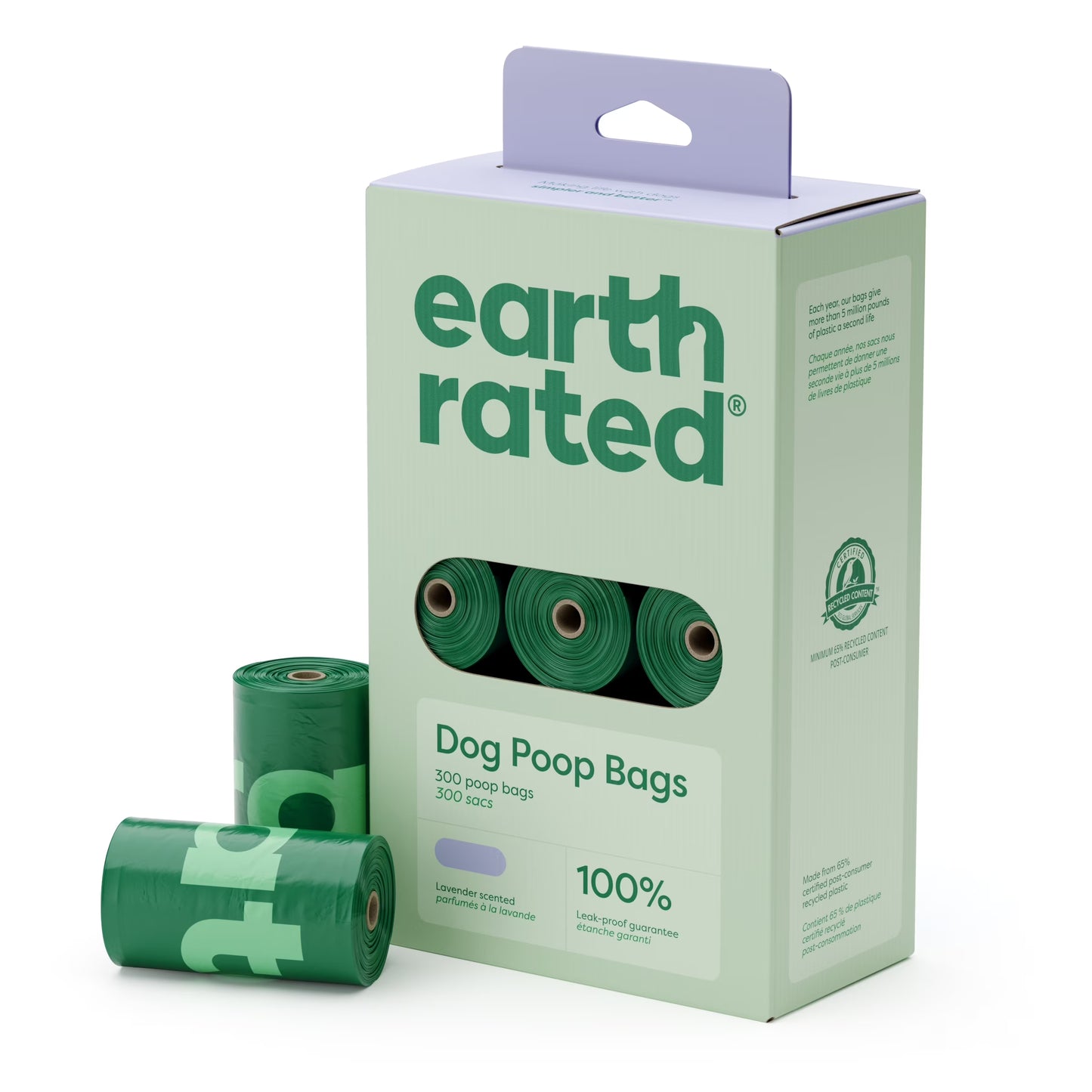 Lavender Leak-Proof Dog Poop Bags, 300 Count on 15 Single Refill Rolls
