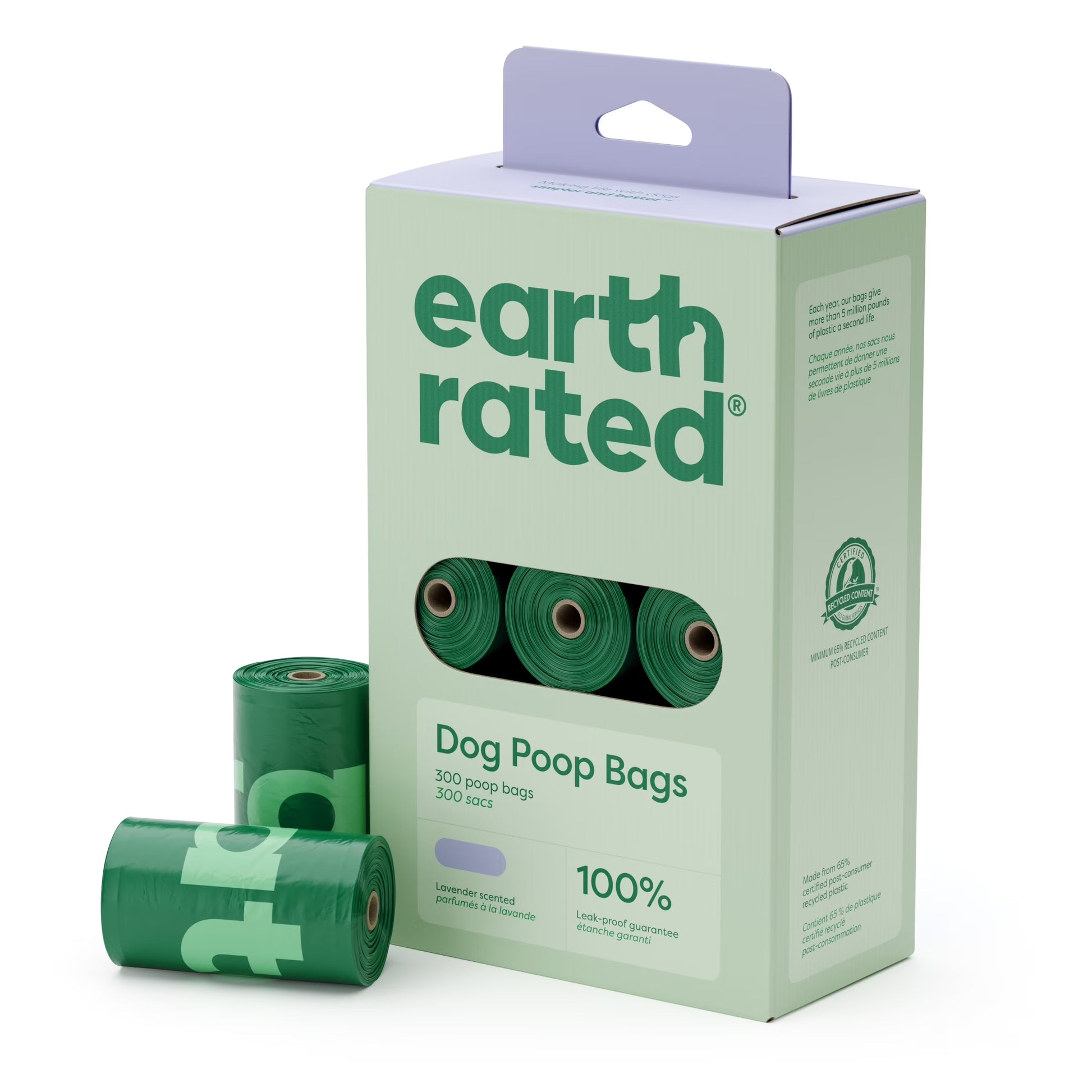 Lavender Leak-Proof Dog Poop Bags, 300 Count on 15 Single Refill Rolls