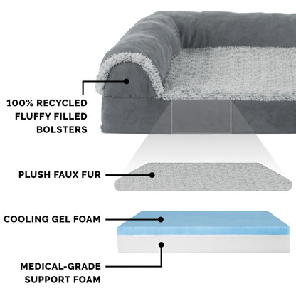 Pet Products Two-Tone Faux Fur & Suede Cooling Gel Top Deluxe Chaise Lounge Pet Bed for Dogs & Cats - Stone Gray, Medium