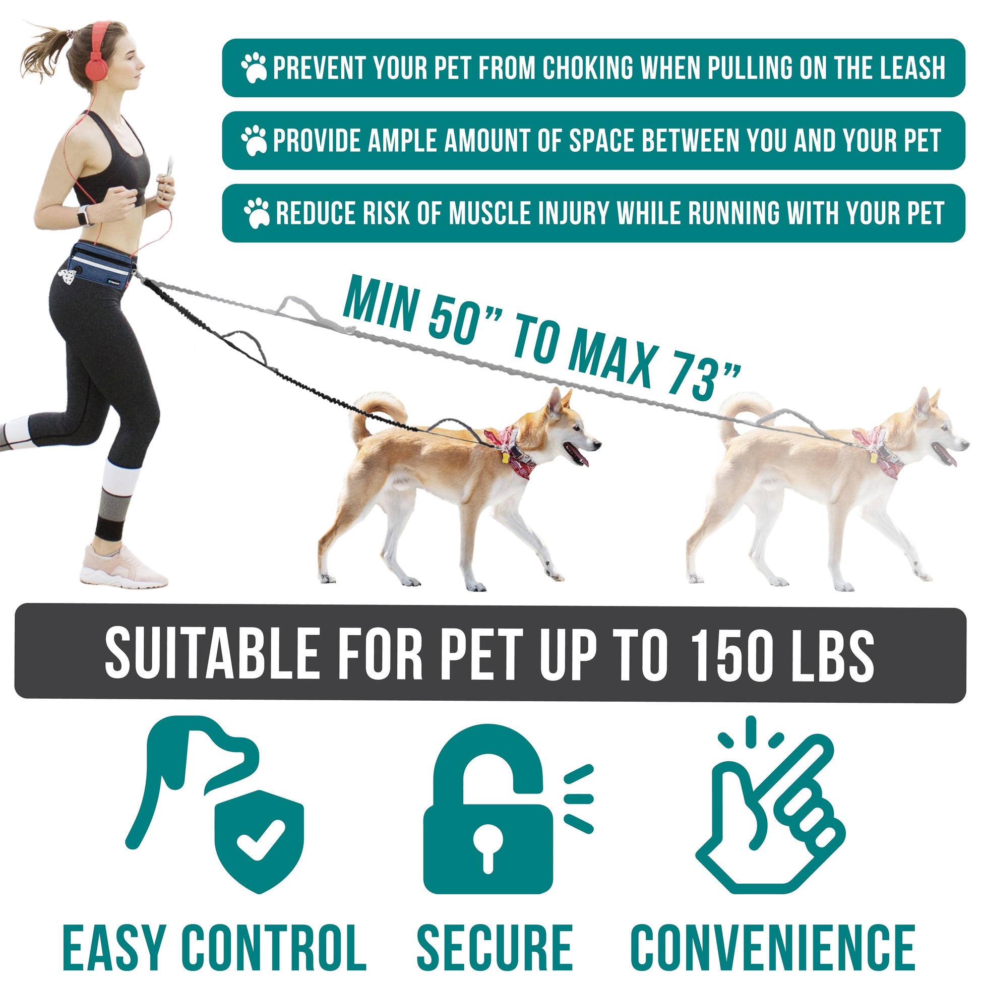 Hands Free Dog Leash, Dog Running Leash Belt for Walking Jogging, Dog Waist Zipper Pouch Fanny Pack with Poop Bag Dispenser, Dual Padded Handle Bungee Leash for Small Medium Large Dogs, Single