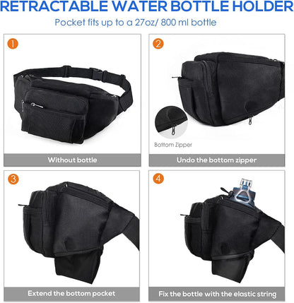 Crossbody Fanny Pack for Men Women, Large Waist Bag Hip Pack with Water Bottle Holder for Running Traveling Hiking, Adjustable Belt Strap, Black