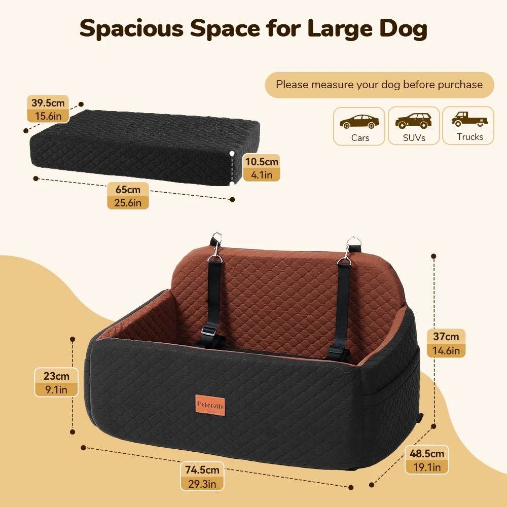 Large Dog Car Seat,  Elevated Pet Car Seat for Dogs up to 55Kg, Detachable & Washable Car Dog Bed with Storage Pockets