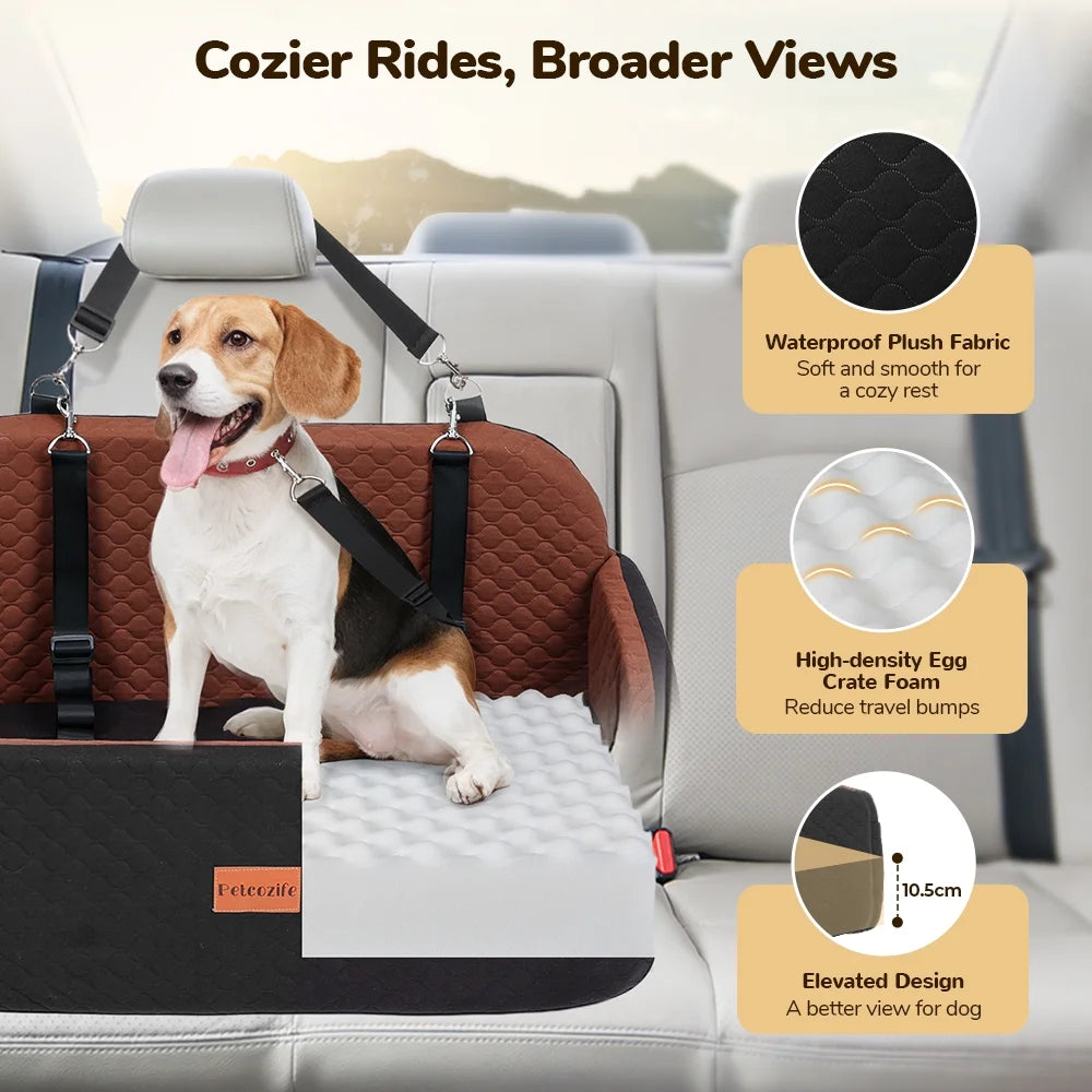 Large Dog Car Seat,  Elevated Pet Car Seat for Dogs up to 55Kg, Detachable & Washable Car Dog Bed with Storage Pockets