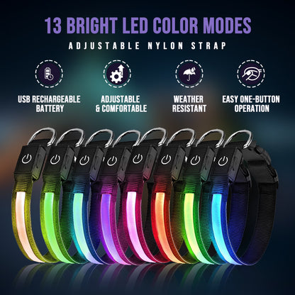 LED Light up Dog Collar, USB Rechargeable, Waterproof Glowing Pet Safety Collar, Adjustable Nylon for Large Dogs