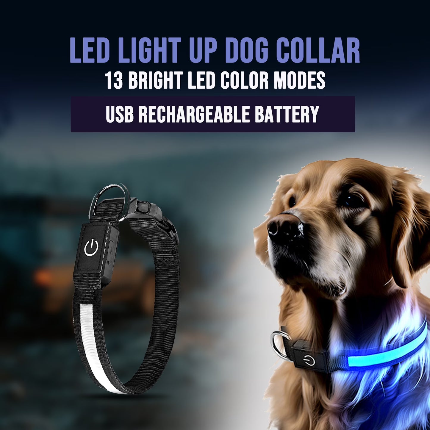 LED Light up Dog Collar, USB Rechargeable, Waterproof Glowing Pet Safety Collar, Adjustable Nylon for Large Dogs