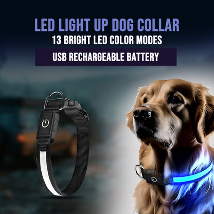 LED Light up Dog Collar, USB Rechargeable, Waterproof Glowing Pet Safety Collar, Adjustable Nylon for Large Dogs