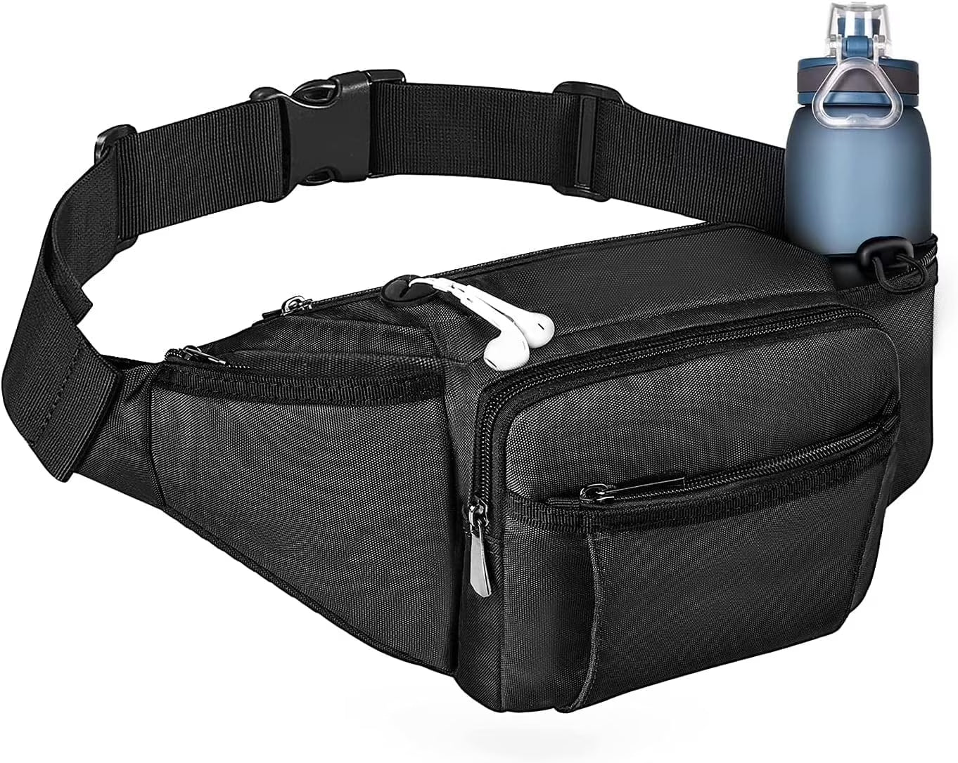 Crossbody Fanny Pack for Men Women, Large Waist Bag Hip Pack with Water Bottle Holder for Running Traveling Hiking, Adjustable Belt Strap, Black