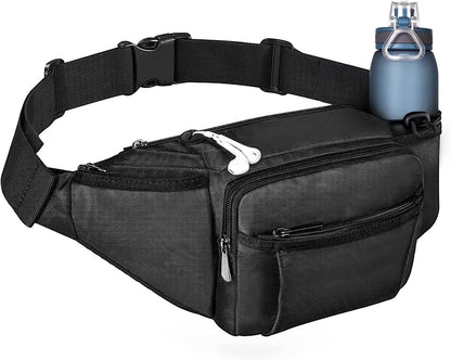 Crossbody Fanny Pack for Men Women, Large Waist Bag Hip Pack with Water Bottle Holder for Running Traveling Hiking, Adjustable Belt Strap, Black