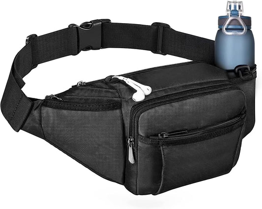 Crossbody Fanny Pack for Men Women, Large Waist Bag Hip Pack with Water Bottle Holder for Running Traveling Hiking, Adjustable Belt Strap, Black