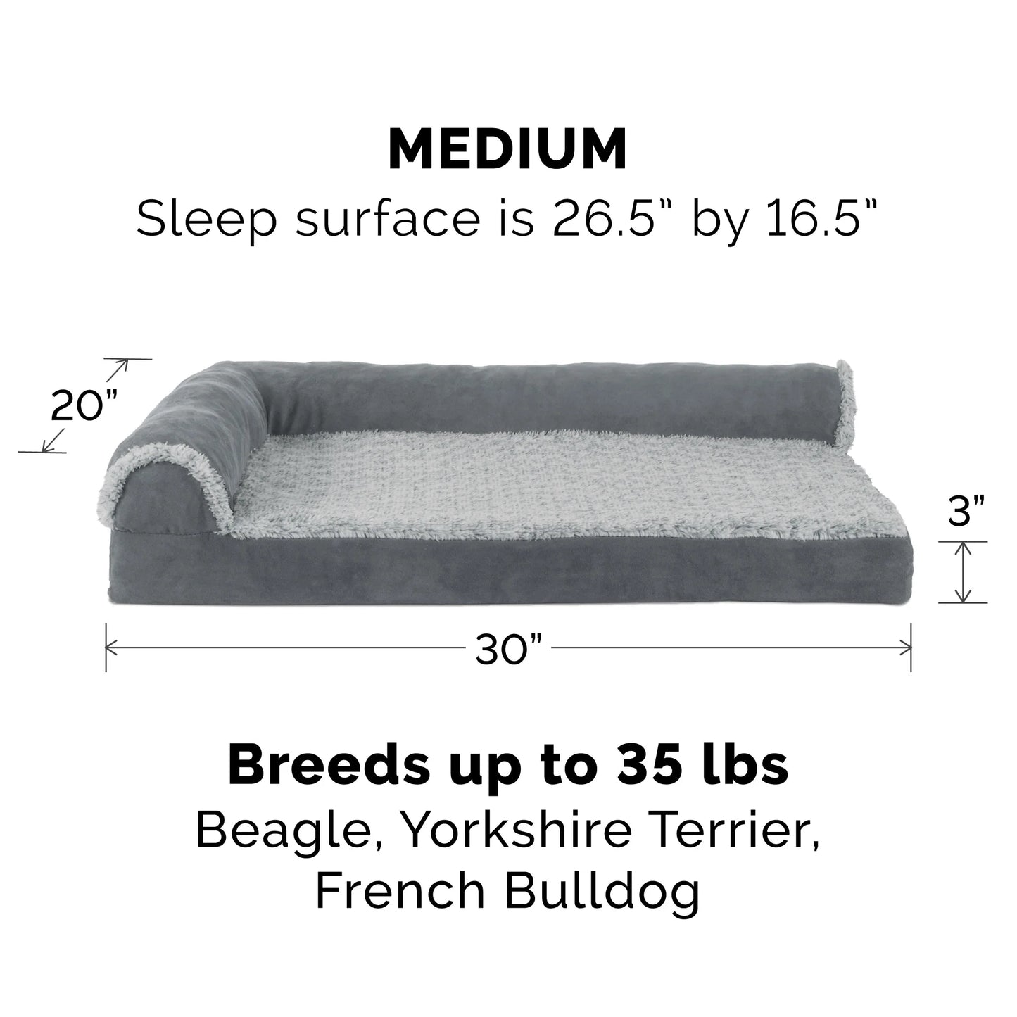 Pet Products Two-Tone Faux Fur & Suede Cooling Gel Top Deluxe Chaise Lounge Pet Bed for Dogs & Cats - Stone Gray, Medium