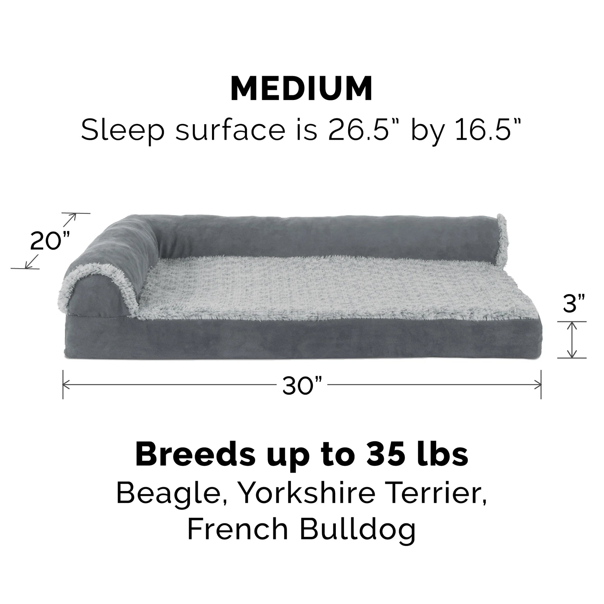Pet Products Two-Tone Faux Fur & Suede Cooling Gel Top Deluxe Chaise Lounge Pet Bed for Dogs & Cats - Stone Gray, Medium