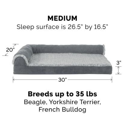 Pet Products Two-Tone Faux Fur & Suede Cooling Gel Top Deluxe Chaise Lounge Pet Bed for Dogs & Cats - Stone Gray, Medium