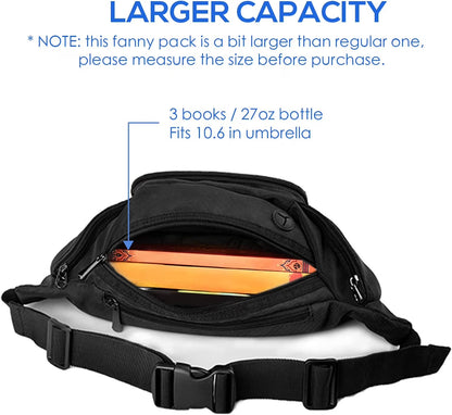 Crossbody Fanny Pack for Men Women, Large Waist Bag Hip Pack with Water Bottle Holder for Running Traveling Hiking, Adjustable Belt Strap, Black
