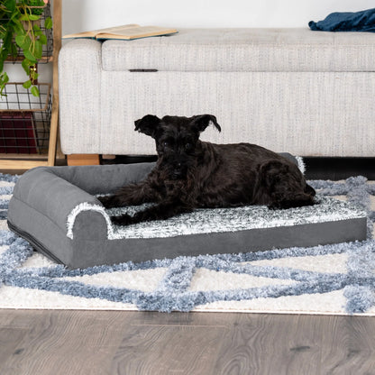 Pet Products Two-Tone Faux Fur & Suede Cooling Gel Top Deluxe Chaise Lounge Pet Bed for Dogs & Cats - Stone Gray, Medium