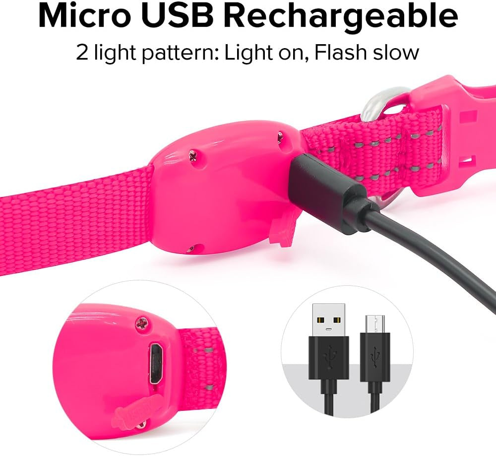 Light up Dog Collar, Rechargeable LED Dog Collar Glow in the Dark Cat Collar Reflective Puppy Collar Safety Dog Lights for Night Walking (Pink, XS)