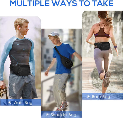 Crossbody Fanny Pack for Men Women, Large Waist Bag Hip Pack with Water Bottle Holder for Running Traveling Hiking, Adjustable Belt Strap, Black