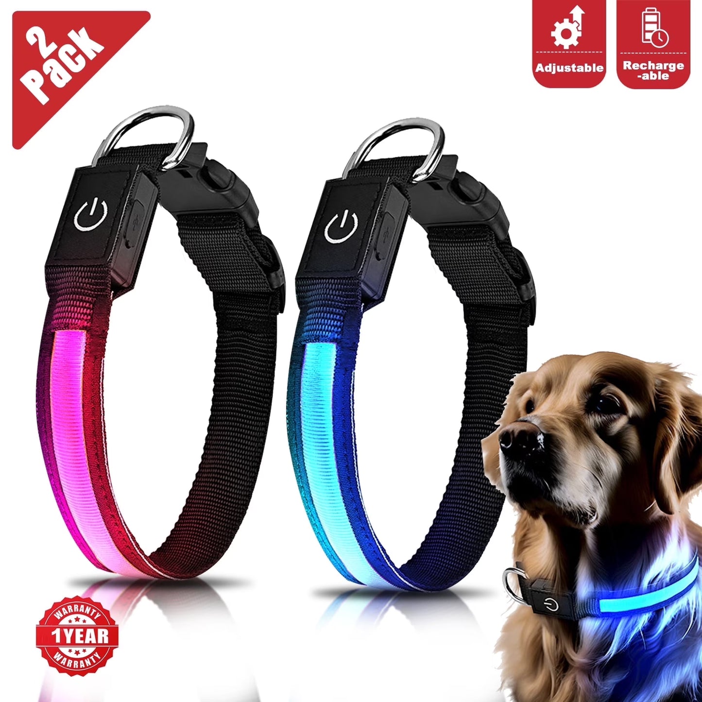 LED Light up Dog Collar, USB Rechargeable, Waterproof Glowing Pet Safety Collar, Adjustable Nylon for Large Dogs