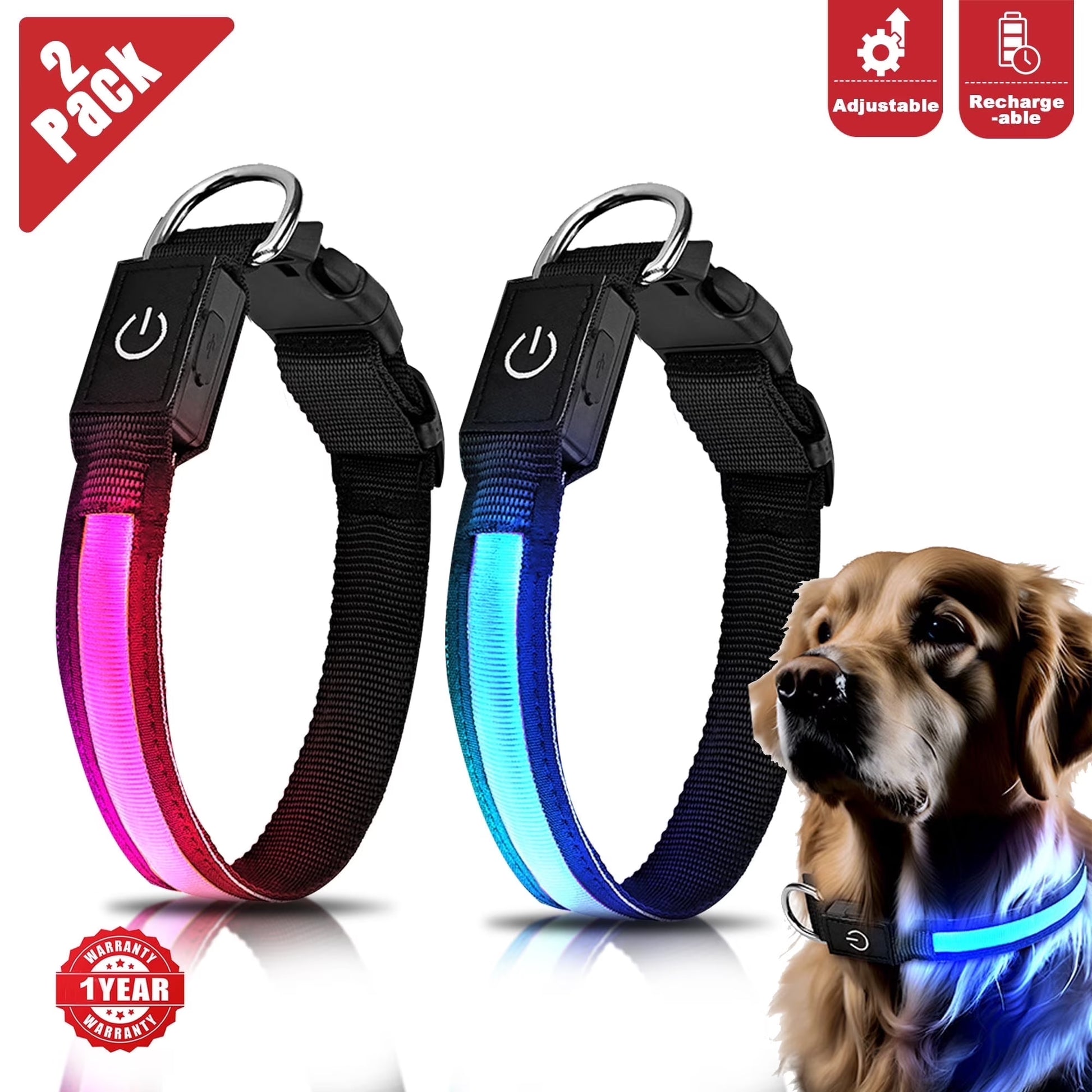 LED Light up Dog Collar, USB Rechargeable, Waterproof Glowing Pet Safety Collar, Adjustable Nylon for Large Dogs