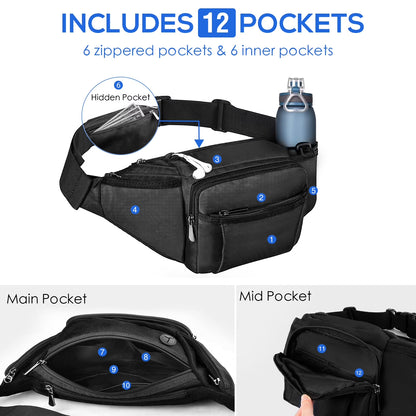 Crossbody Fanny Pack for Men Women, Large Waist Bag Hip Pack with Water Bottle Holder for Running Traveling Hiking, Adjustable Belt Strap, Black